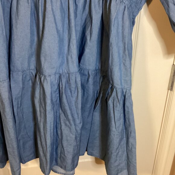 Boohoo Women's Denim Midi Dress Smocking Bodice Puffy Sleeves Ruffles Size 24 - Picture 5 of 8